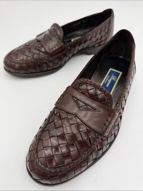 BRAGANO COLE HAAN sz8.5W Brown Woven Moc Toe Penny Loafer